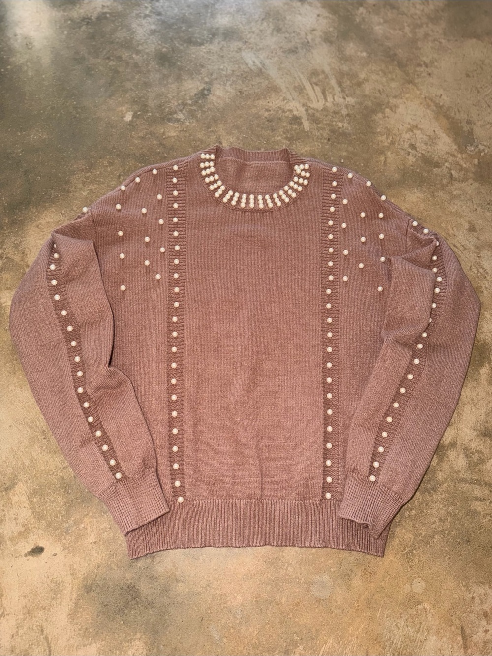 Pearl Embellished Taupe Knit Sweater S Soft Viscose Statement Pullover